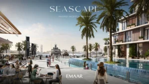 Seascape at Rashid Yachts & Marina by Emaar marina promenade with outdoor dining seating water feature and yachts in Dubai - Presented by Tohid Fetrat