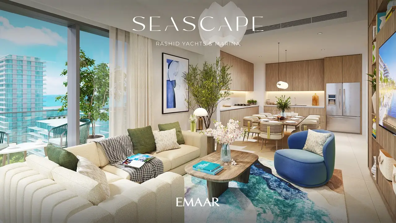 Seascape at Rashid Yachts & Marina by Emaar open plan living and dining area with modern kitchen natural light and sea view in Dubai - Presented by Tohid Fetrat