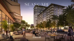 Seascape at Rashid Yachts & Marina by Emaar outdoor dining promenade with cafes seating and residential buildings at sunset in Dubai - Presented by Tohid Fetrat