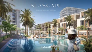 Seascape at Rashid Yachts & Marina by Emaar poolside cabanas sun loungers palm trees and modern residences in Dubai - Presented by Tohid Fetrat