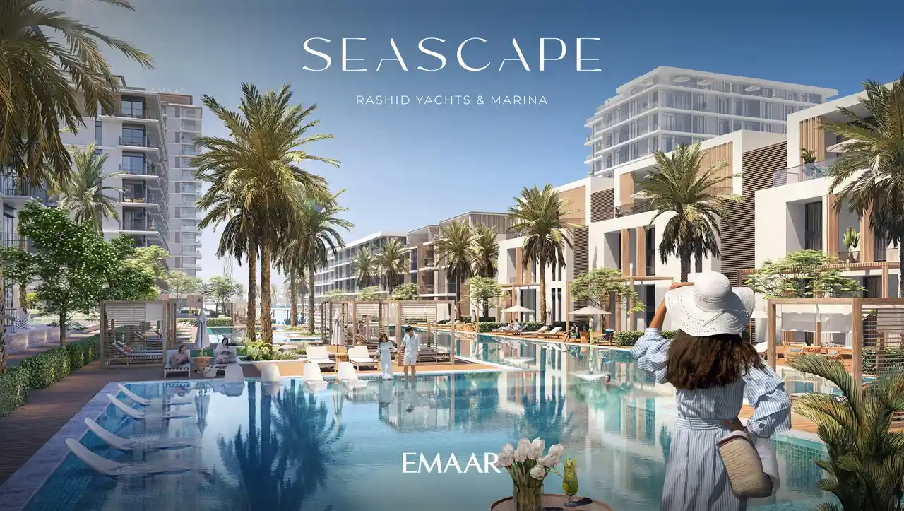 Seascape at Rashid Yachts & Marina by Emaar poolside cabanas sun loungers palm trees and modern residences in Dubai - Presented by Tohid Fetrat