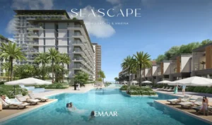 Seascape at Rashid Yachts & Marina by Emaar resort style swimming pool with sun loungers palm trees and modern residences in Dubai - Presented by Tohid Fetrat