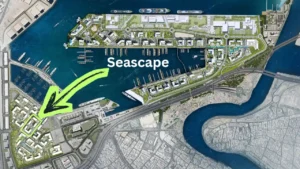 Seascape at Rashid Yachts & Marina by Emaar location map within masterplan showing marina waterfront and surrounding roads in Dubai - Presented by Tohid Fetrat