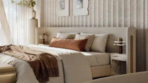 Selvara at Grand Polo Club & Resort by Emaar elegant bedroom interior with upholstered bed, marble bedside tables, soft textures, and warm neutral styling in Dubai Presented by Tohid Fetrat
