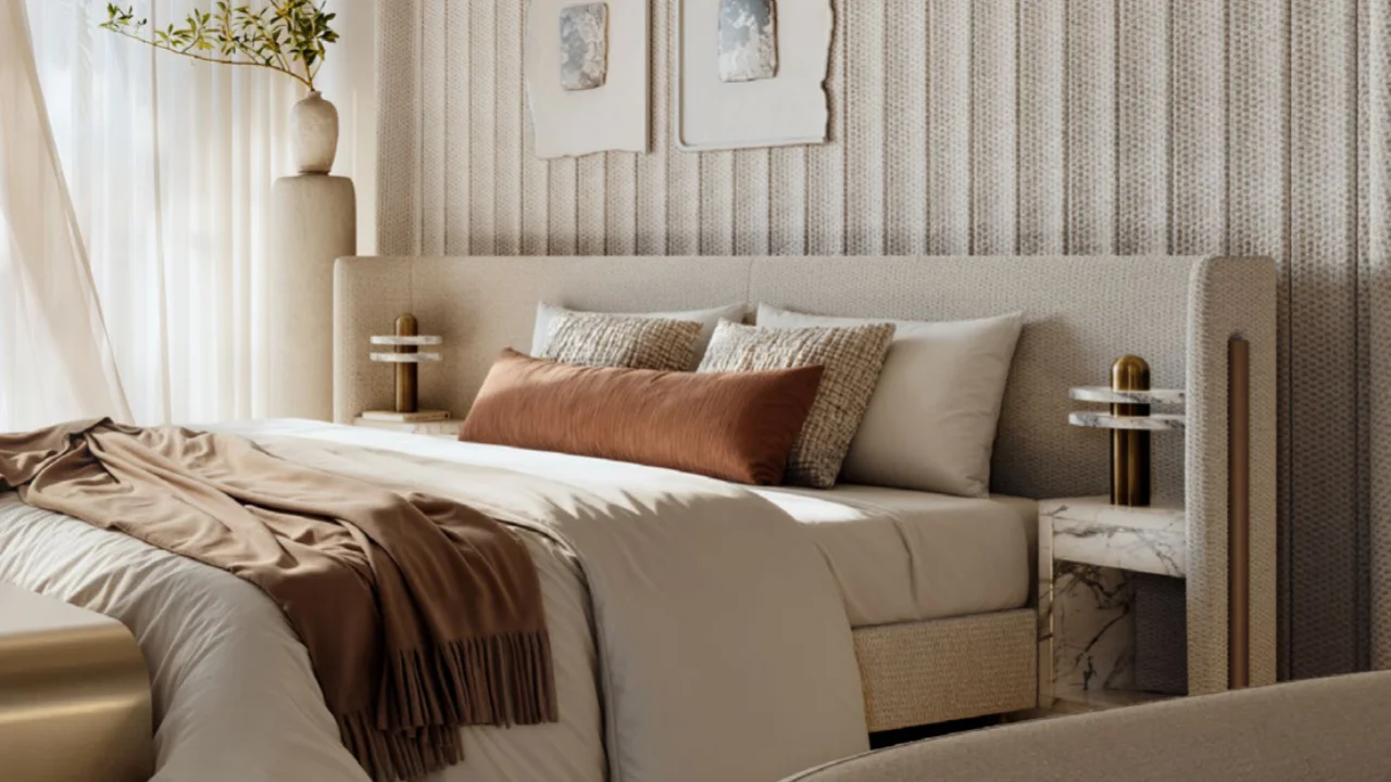 Selvara at Grand Polo Club & Resort by Emaar elegant bedroom interior with upholstered bed, marble bedside tables, soft textures, and warm neutral styling in Dubai Presented by Tohid Fetrat