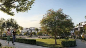 Selvara at Grand Polo Club & Resort by Emaar landscaped community park with walking paths, mature trees, open green spaces, and contemporary residences in Dubai Presented by Tohid Fetrat