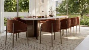 Selvara at Grand Polo Club & Resort by Emaar elegant dining area interior with marble table, upholstered chairs, floor to ceiling windows, and garden views in Dubai Presented by Tohid Fetrat