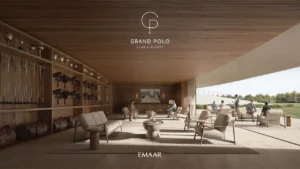 Selvara at Grand Polo Club & Resort by Emaar elegant equestrian lounge with saddle display, trophy shelving, designer seating, and open terrace setting in Dubai Presented by Tohid Fetrat