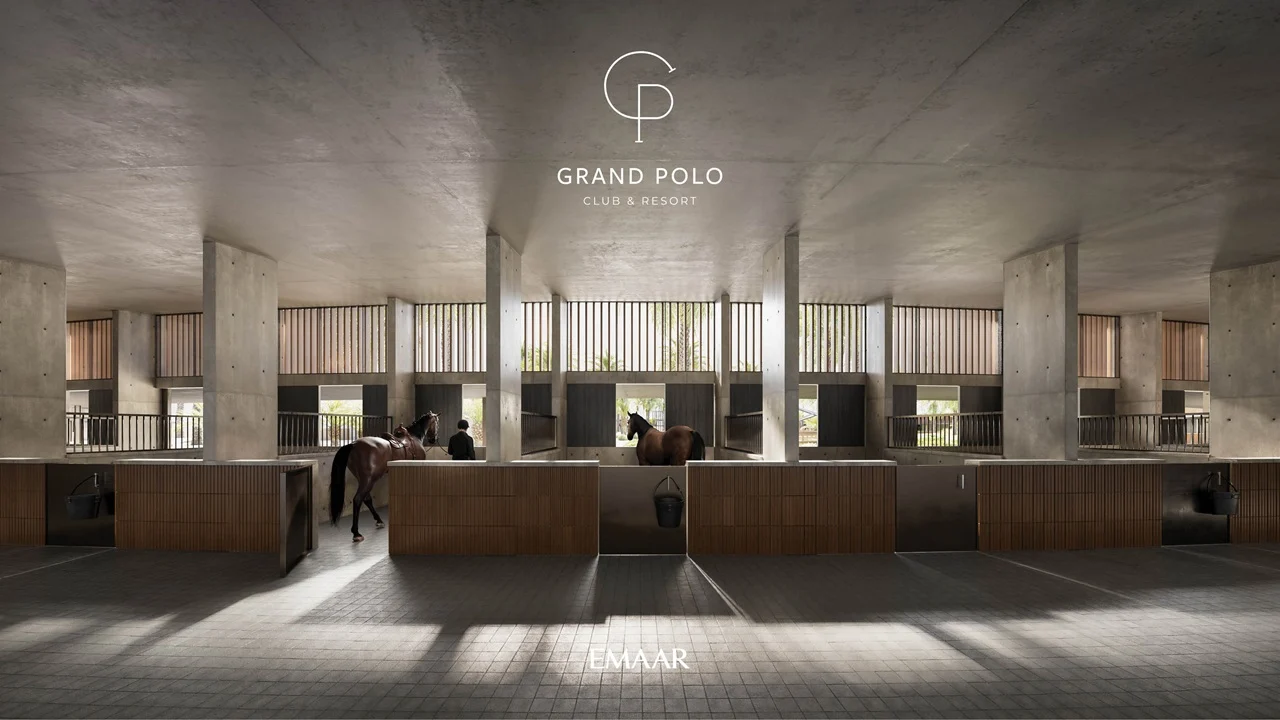 Selvara at Grand Polo Club & Resort by Emaar modern equestrian stables with spacious stalls, natural light, and refined architectural design in Dubai Presented by Tohid Fetrat