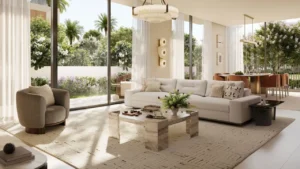 Selvara at Grand Polo Club & Resort by Emaar elegant living room interior with floor to ceiling windows, soft neutral furnishings, marble coffee table, and garden views in Dubai Presented by Tohid Fetrat