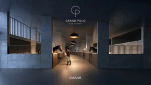 Selvara at Grand Polo Club & Resort by Emaar luxury stable corridor with illuminated equestrian stalls, modern concrete design, and refined atmosphere in Dubai Presented by Tohid Fetrat