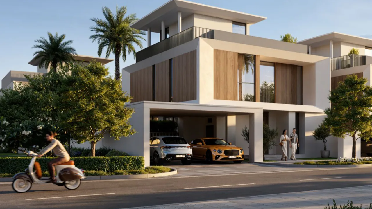 Selvara at Grand Polo Club & Resort by Emaar modern luxury villa exterior with private car porch, landscaped frontage, and contemporary architectural design in Dubai Presented by Tohid Fetrat