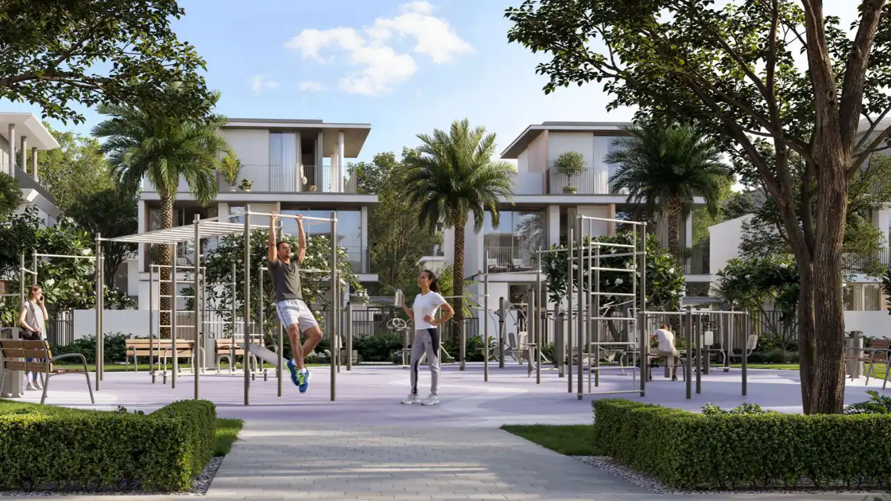 Selvara at Grand Polo Club & Resort by Emaar outdoor fitness park with exercise stations, landscaped surroundings, and modern villas in Dubai Presented by Tohid Fetrat
