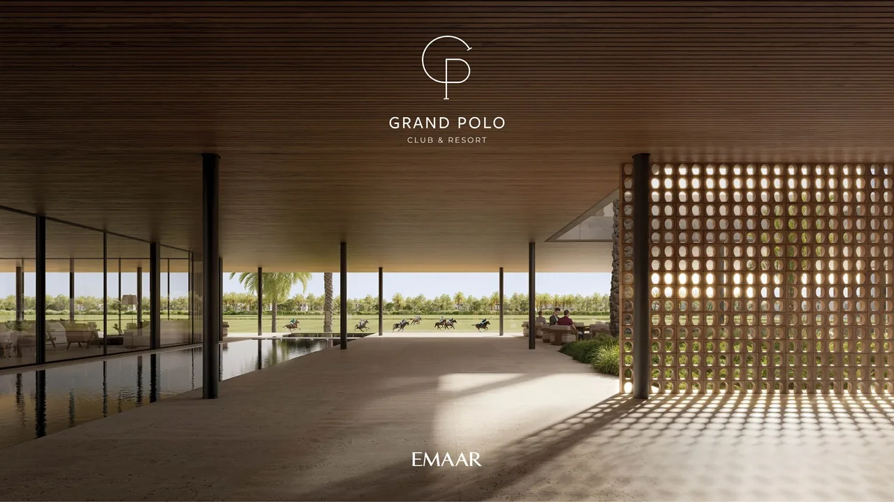 Selvara at Grand Polo Club & Resort by Emaar open pavilion space with reflective water feature, shaded architecture, and polo field views in Dubai Presented by Tohid Fetrat