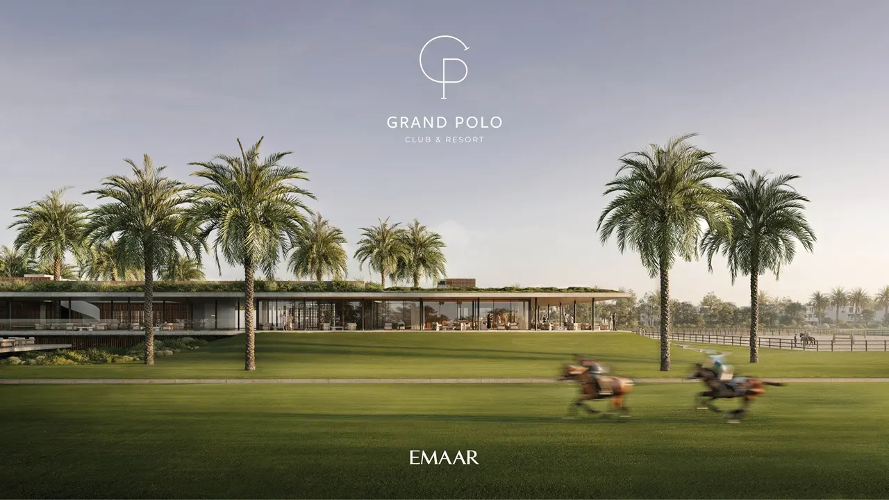 Selvara at Grand Polo Club & Resort by Emaar polo clubhouse view with open green field, palm trees, and modern low rise architecture in Dubai Presented by Tohid Fetrat