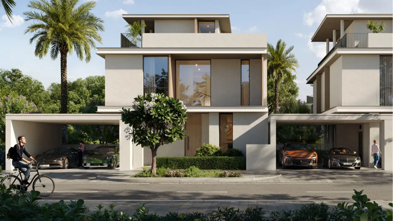 Selvara at Grand Polo Club & Resort by Emaar contemporary villa streetscape with landscaped frontage, private car ports, and elegant residential architecture in Dubai Presented by Tohid Fetrat
