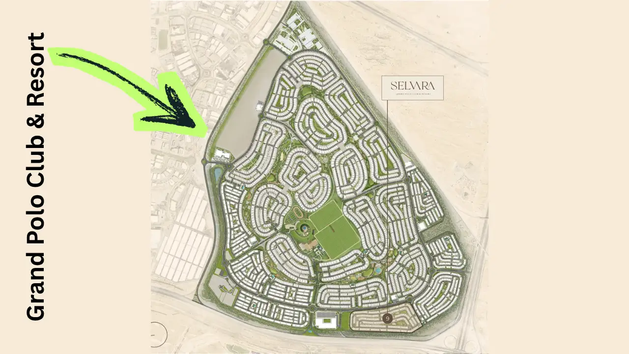 Selvara at Grand Polo Club & Resort by Emaar location within the masterplan community showing central polo field, landscaped clusters, and surrounding road access in Dubai - Presented by Tohid Fetrat