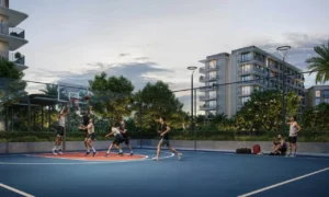 Sera 1 at Rashid Yachts & Marina by Emaar outdoor basketball court with players landscaped surroundings and residential buildings in Dubai - Presented by Tohid Fetrat