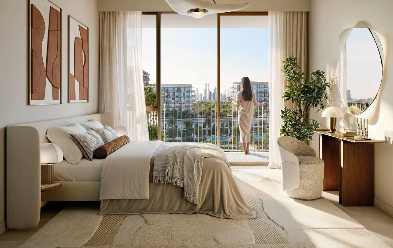 Sera 1 at Rashid Yachts & Marina by Emaar bedroom interior with balcony view soft neutral tones modern furnishings and natural light in Dubai - Presented by Tohid Fetrat