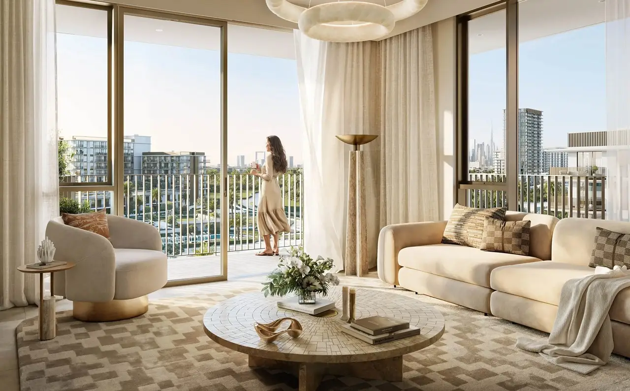 Sera 1 at Rashid Yachts & Marina by Emaar living room interior with balcony view soft tones elegant furniture and natural light in Dubai - Presented by Tohid Fetrat