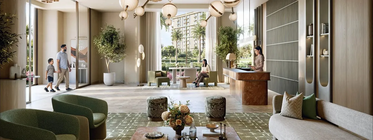 Sera 1 at Rashid Yachts & Marina by Emaar lobby interior with reception desk lounge seating greenery and modern design in Dubai - Presented by Tohid Fetrat