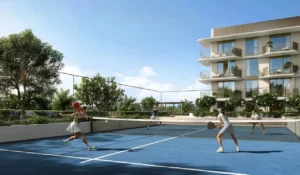 Sera 1 at Rashid Yachts & Marina by Emaar outdoor padel court with players landscaped surroundings and residential building in Dubai - Presented by Tohid Fetrat