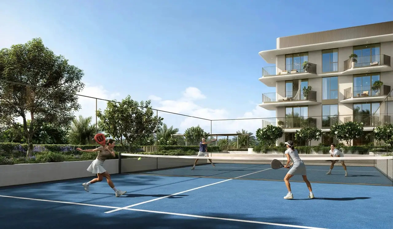 Sera 1 at Rashid Yachts & Marina by Emaar outdoor padel court with players landscaped surroundings and residential building in Dubai - Presented by Tohid Fetrat