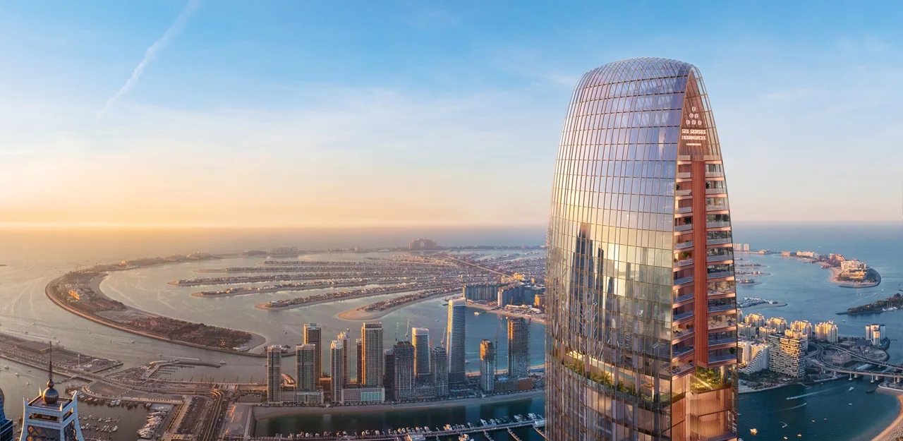 Six Senses Residences Dubai tower overlooking Palm Jumeirah during construction update phase Presented by Tohid Fetrat
