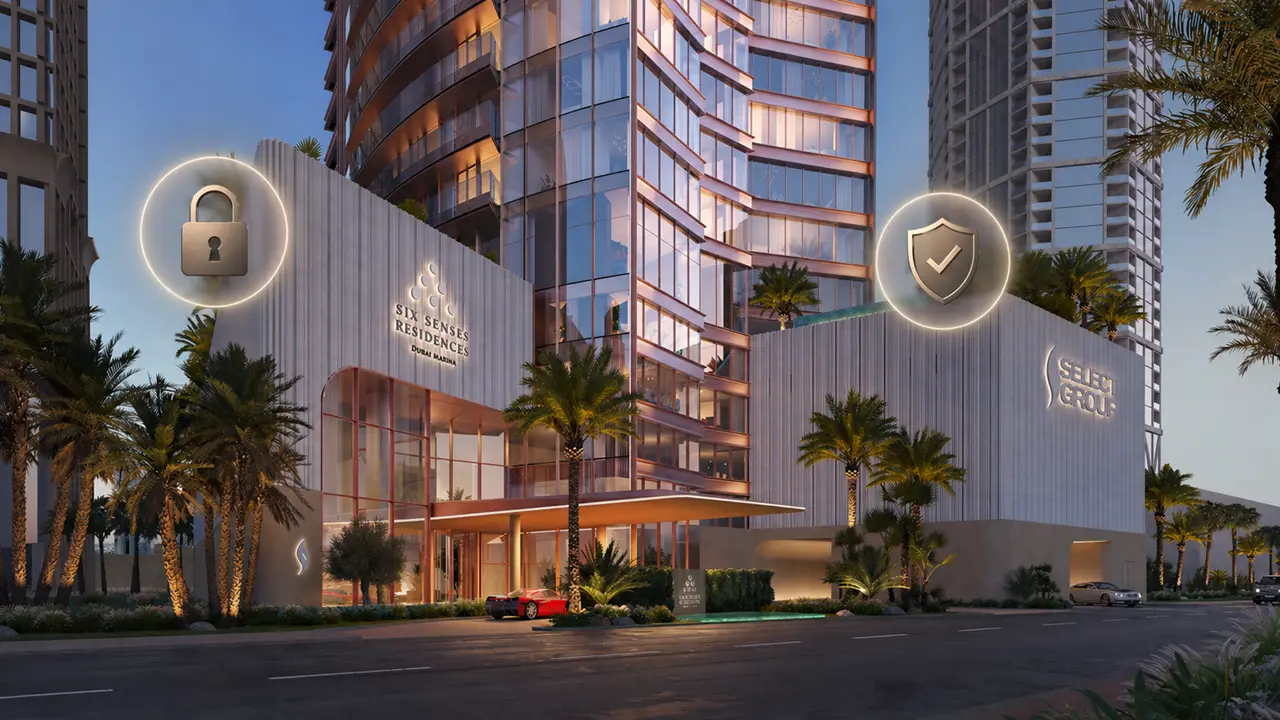 Six Senses Residences Dubai entrance with escrow account security concept lock and shield icons Presented by Tohid Fetrat