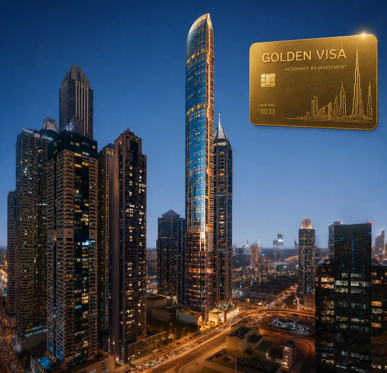 Six Senses Residences Dubai skyline night view with golden visa card overlay Presented by Tohid Fetrat
