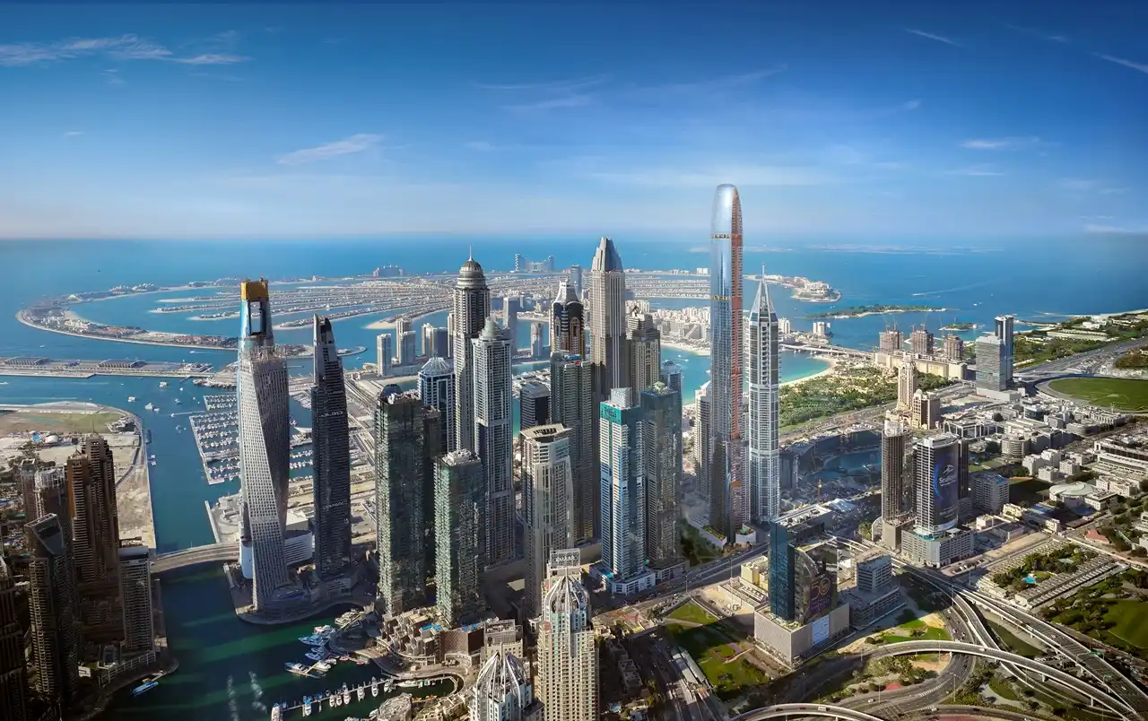Six Senses Residences Dubai Marina by Select Group aerial day view of Dubai Marina skyline and Palm Jumeirah in Dubai - Presented by Tohid Fetrat