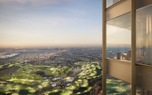 Six Senses Residences Dubai Marina by Select Group balcony with panoramic Emirates Golf Course and city skyline view in Dubai - Presented by Tohid Fetrat