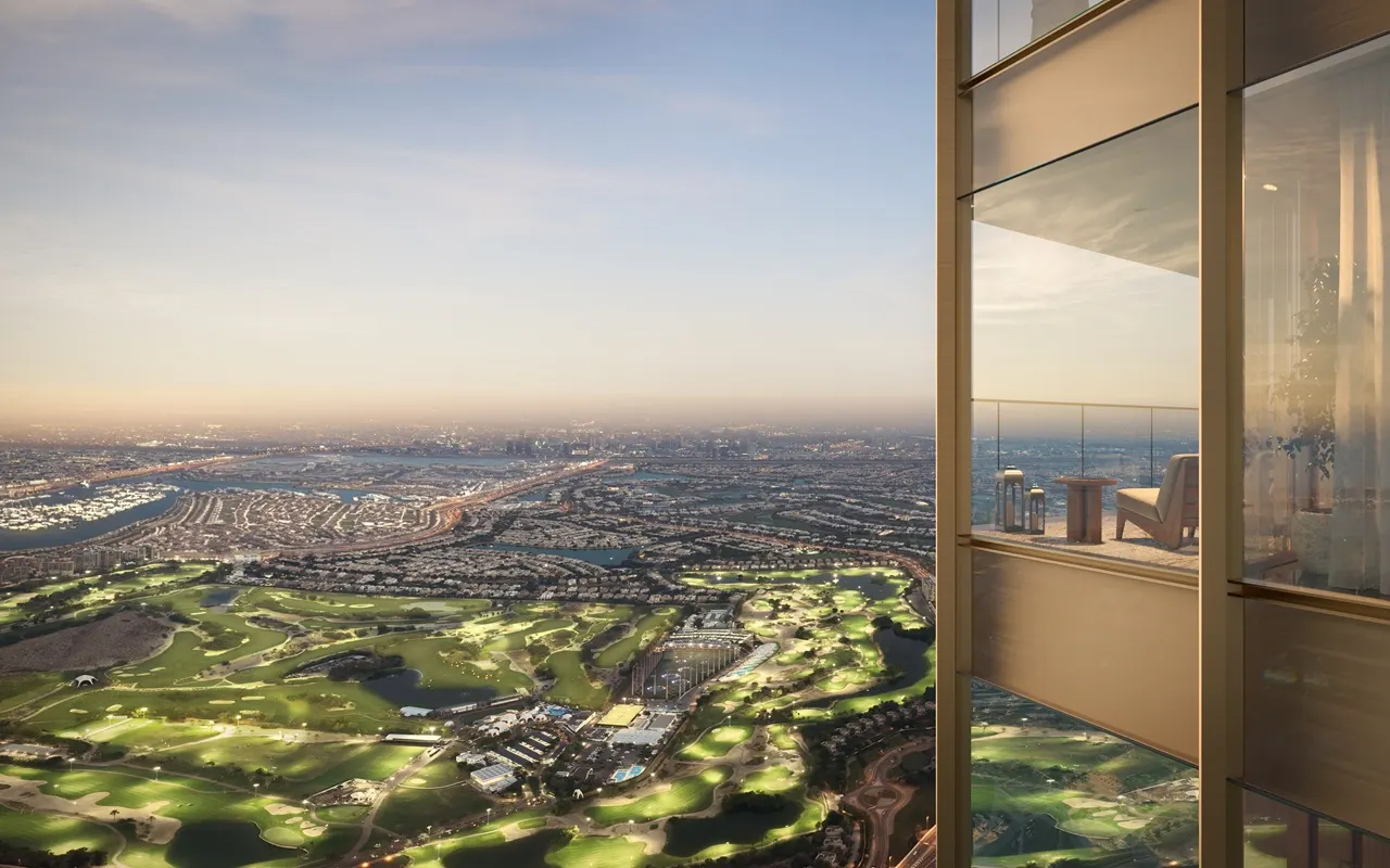 Six Senses Residences Dubai Marina by Select Group balcony with panoramic Emirates Golf Course and city skyline view in Dubai - Presented by Tohid Fetrat