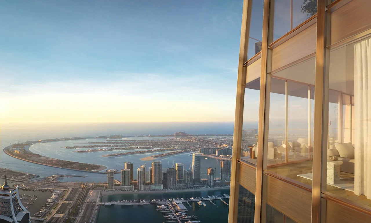 Six Senses Residences Dubai Marina by Select Group balcony with panoramic Palm Jumeirah and marina skyline view in Dubai - Presented by Tohid Fetrat