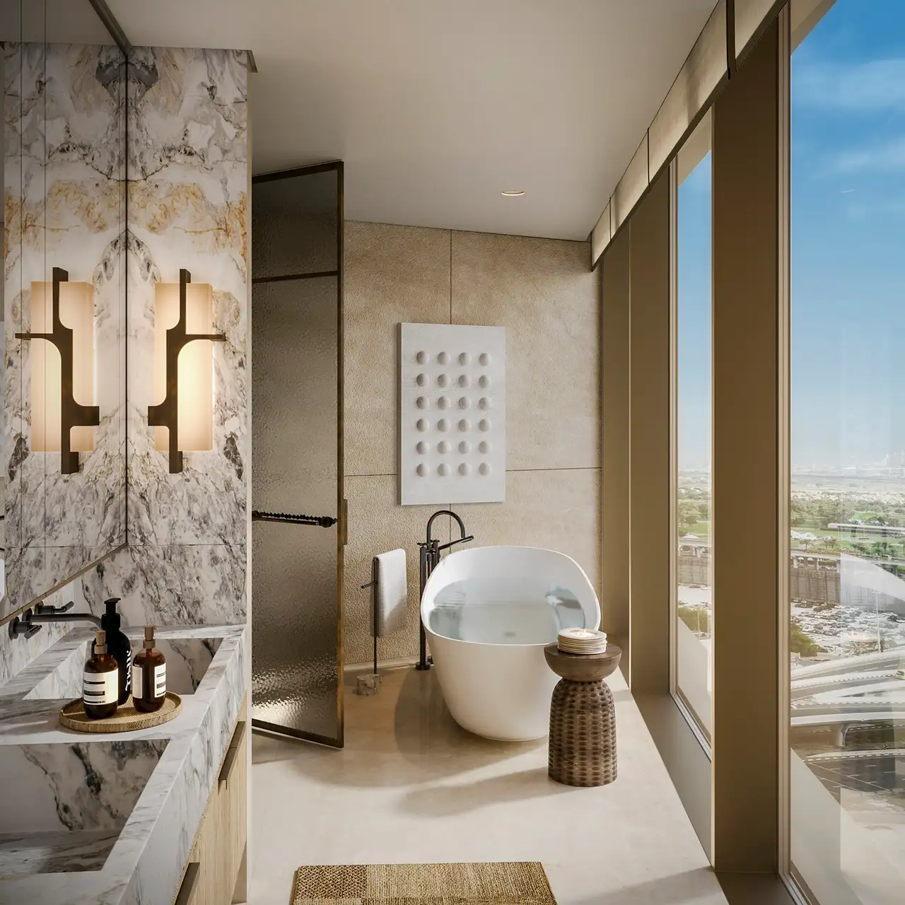 Six Senses Residences Dubai Marina by Select Group bathroom interior with freestanding bathtub marble finishes and floor to ceiling windows in Dubai - Presented by Tohid Fetrat