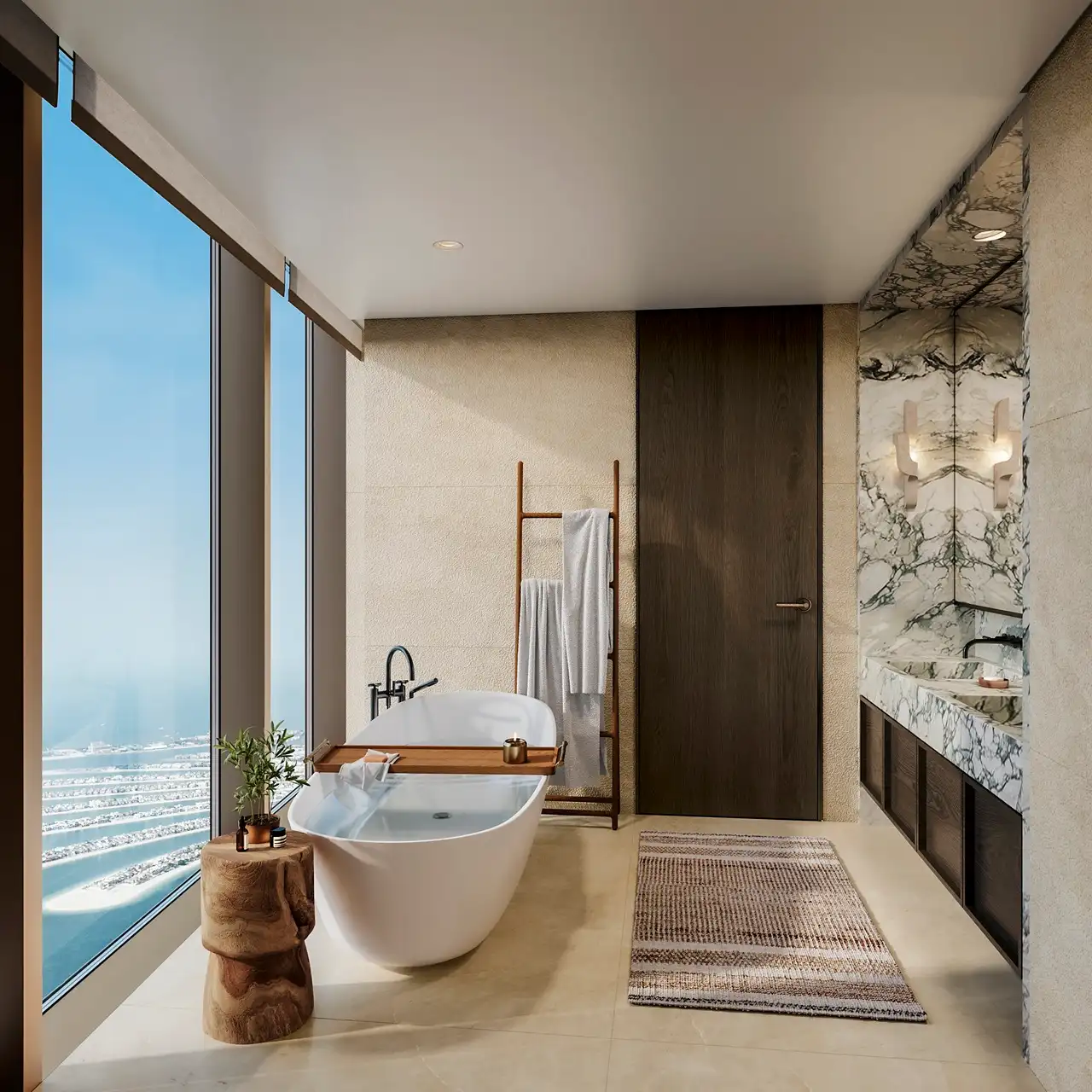 Six Senses Residences Dubai Marina by Select Group luxury bathroom with freestanding bathtub and floor to ceiling windows overlooking Palm Jumeirah views in Dubai - Presented by Tohid Fetrat