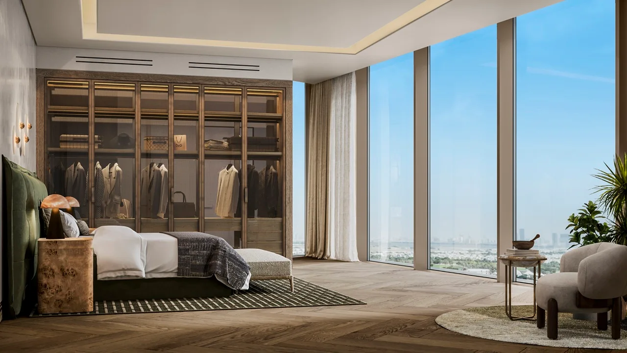 Six Senses Residences Dubai Marina by Select Group bedroom interior with walk in closet floor to ceiling windows and city views in Dubai - Presented by Tohid Fetrat