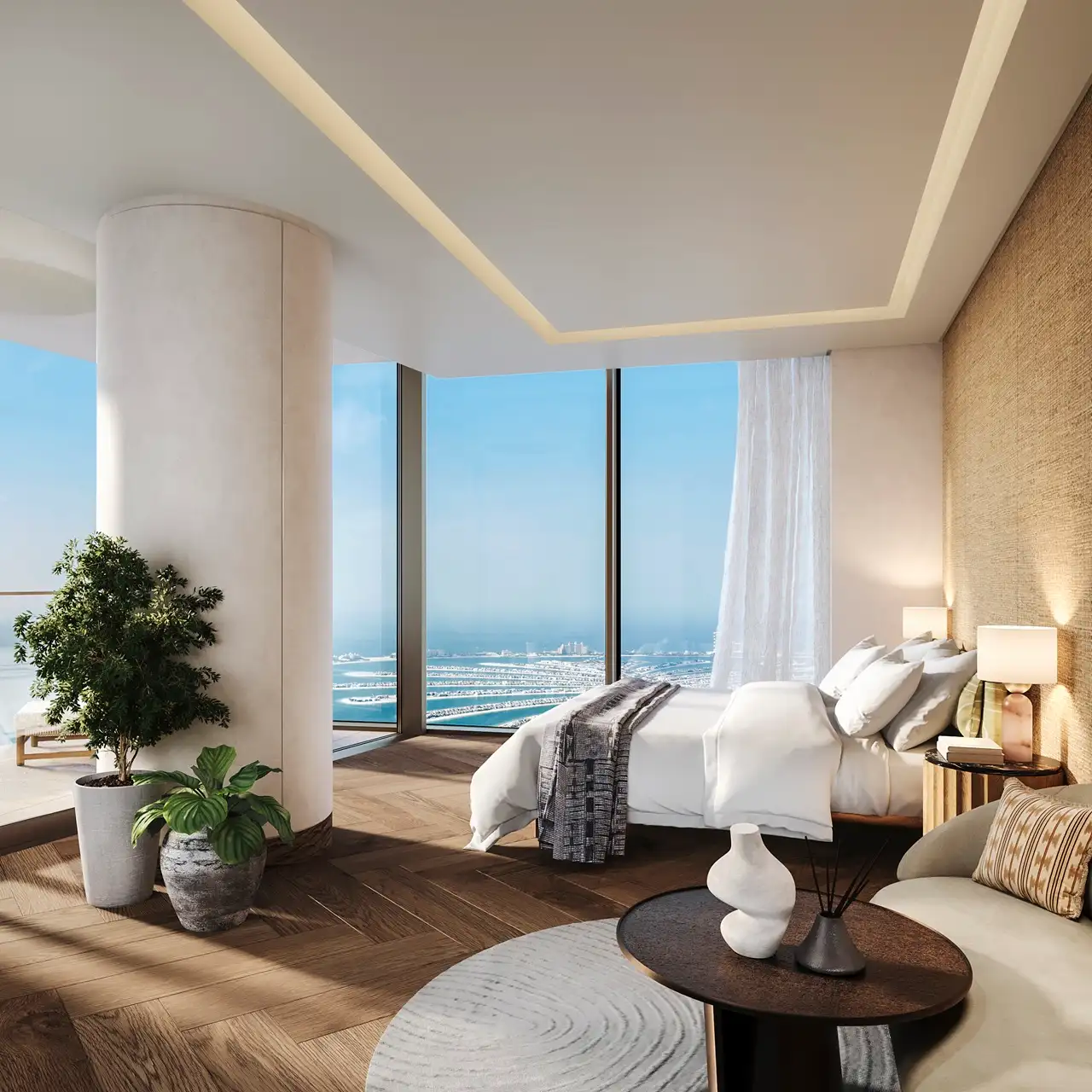 Six Senses Residences Dubai Marina by Select Group luxury bedroom with floor to ceiling windows overlooking Palm Jumeirah views in Dubai - Presented by Tohid Fetrat