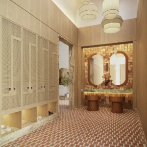 Six Senses Residences Dubai Marina by Select Group changing room interior with wood finishes double vanity and warm lighting in Dubai - Presented by Tohid Fetrat