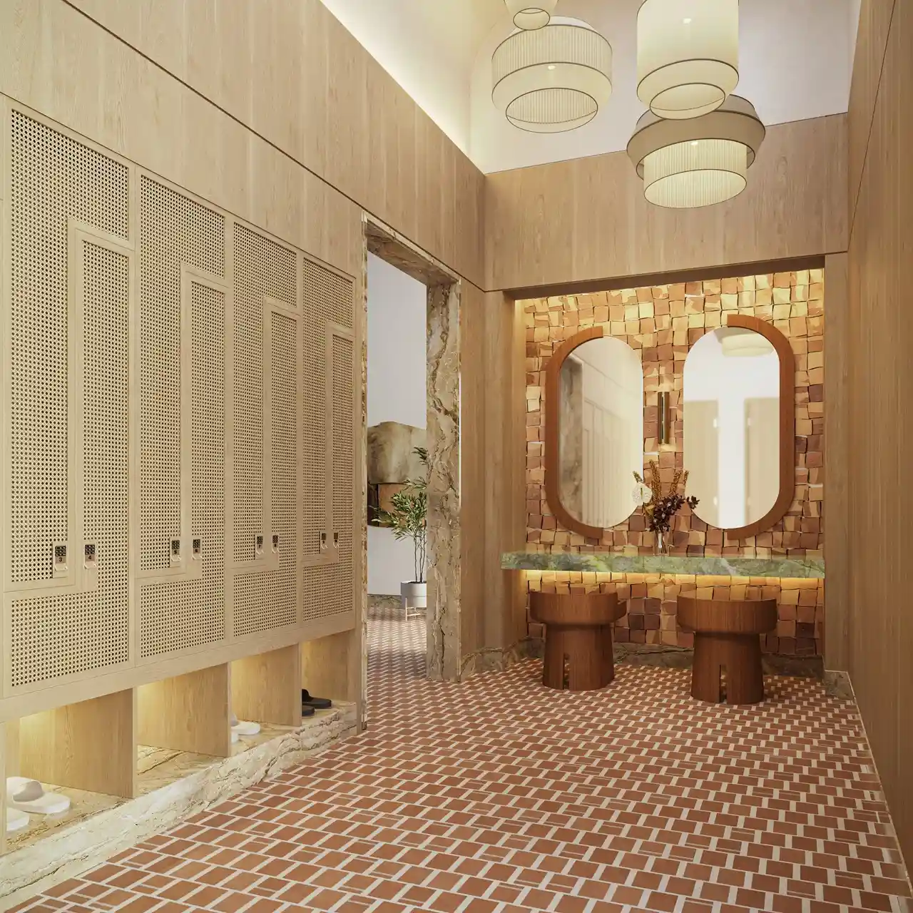 Six Senses Residences Dubai Marina by Select Group changing room interior with wood finishes double vanity and warm lighting in Dubai - Presented by Tohid Fetrat