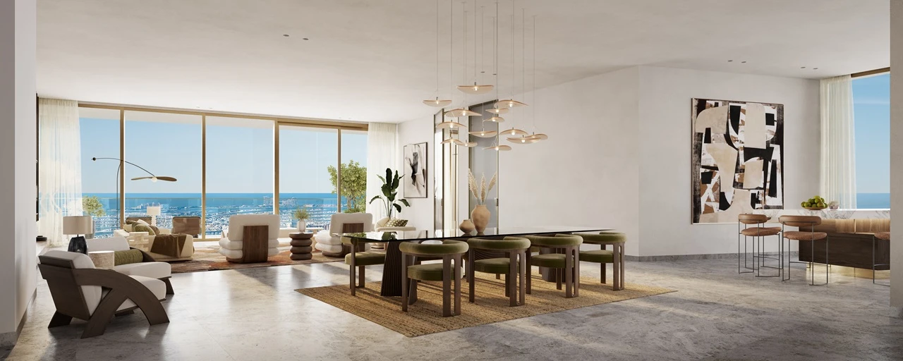 Six Senses Residences Dubai Marina by Select Group open plan dining and living area with panoramic sea views through floor to ceiling windows in Dubai - Presented by Tohid Fetrat