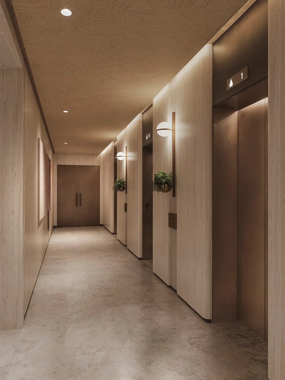 Six Senses Residences Dubai Marina by Select Group elevator lobby with wood paneling ambient lighting and refined finishes in Dubai - Presented by Tohid Fetrat