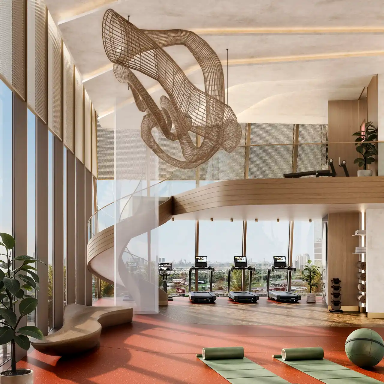 Six Senses Residences Dubai Marina by Select Group gym interior with panoramic windows modern fitness equipment and sculptural design in Dubai - Presented by Tohid Fetrat