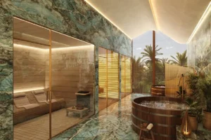 Six Senses Residences Dubai Marina by Select Group ice bath and wellness spa area with marble finishes sauna room and natural lighting in Dubai - Presented by Tohid Fetrat