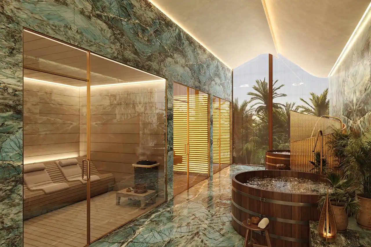 Six Senses Residences Dubai Marina by Select Group ice bath and wellness spa area with marble finishes sauna room and natural lighting in Dubai - Presented by Tohid Fetrat
