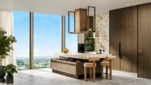 Six Senses Residences Dubai Marina by Select Group modern kitchen with marble island, bar seating and floor to ceiling windows overlooking golf course views in Dubai - Presented by Tohid Fetrat