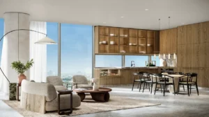 Six Senses Residences Dubai Marina by Select Group open plan living dining and kitchen interior with floor to ceiling windows and city views in Dubai - Presented by Tohid Fetrat