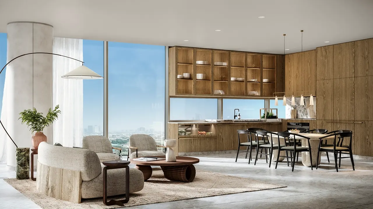 Six Senses Residences Dubai Marina by Select Group open plan living dining and kitchen interior with floor to ceiling windows and city views in Dubai - Presented by Tohid Fetrat
