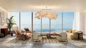 Six Senses Residences Dubai Marina by Select Group luxury living room with floor to ceiling windows and panoramic Palm Jumeirah views in Dubai - Presented by Tohid Fetrat