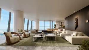 Six Senses Residences Dubai Marina by Select Group spacious living room with panoramic sea views, floor to ceiling windows, and modern natural interiors in Dubai - Presented by Tohid Fetrat